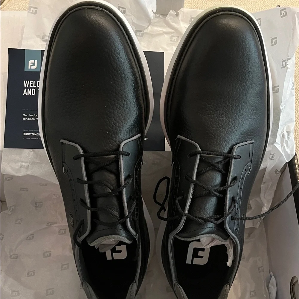 FootJoy Black Leather Lace-Up Golf Oxfords with White Trim